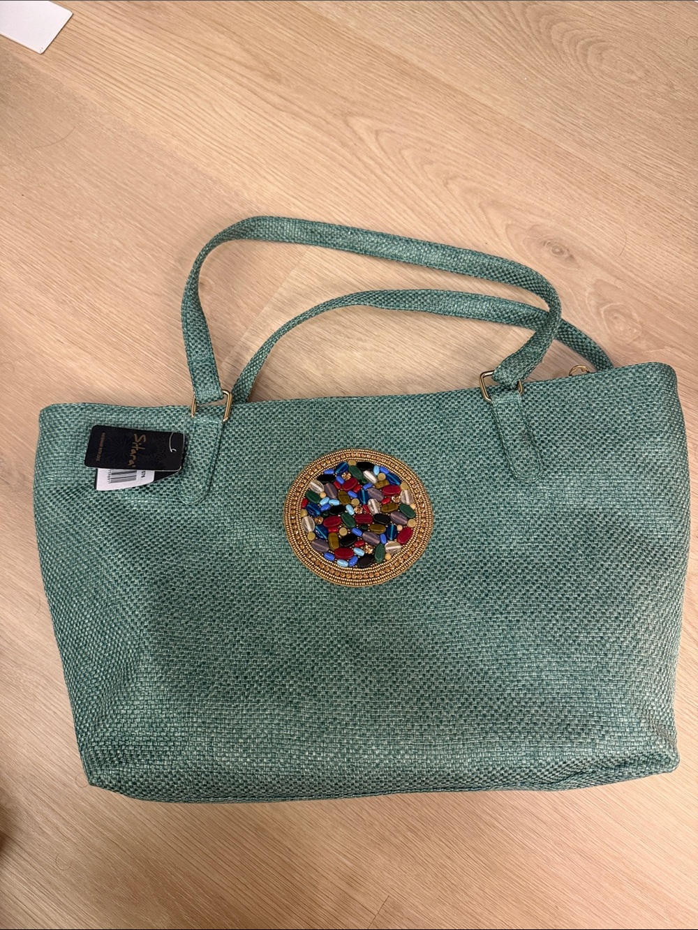 Stylish Turquoise Tote Bag with Multicolor Embellishment
